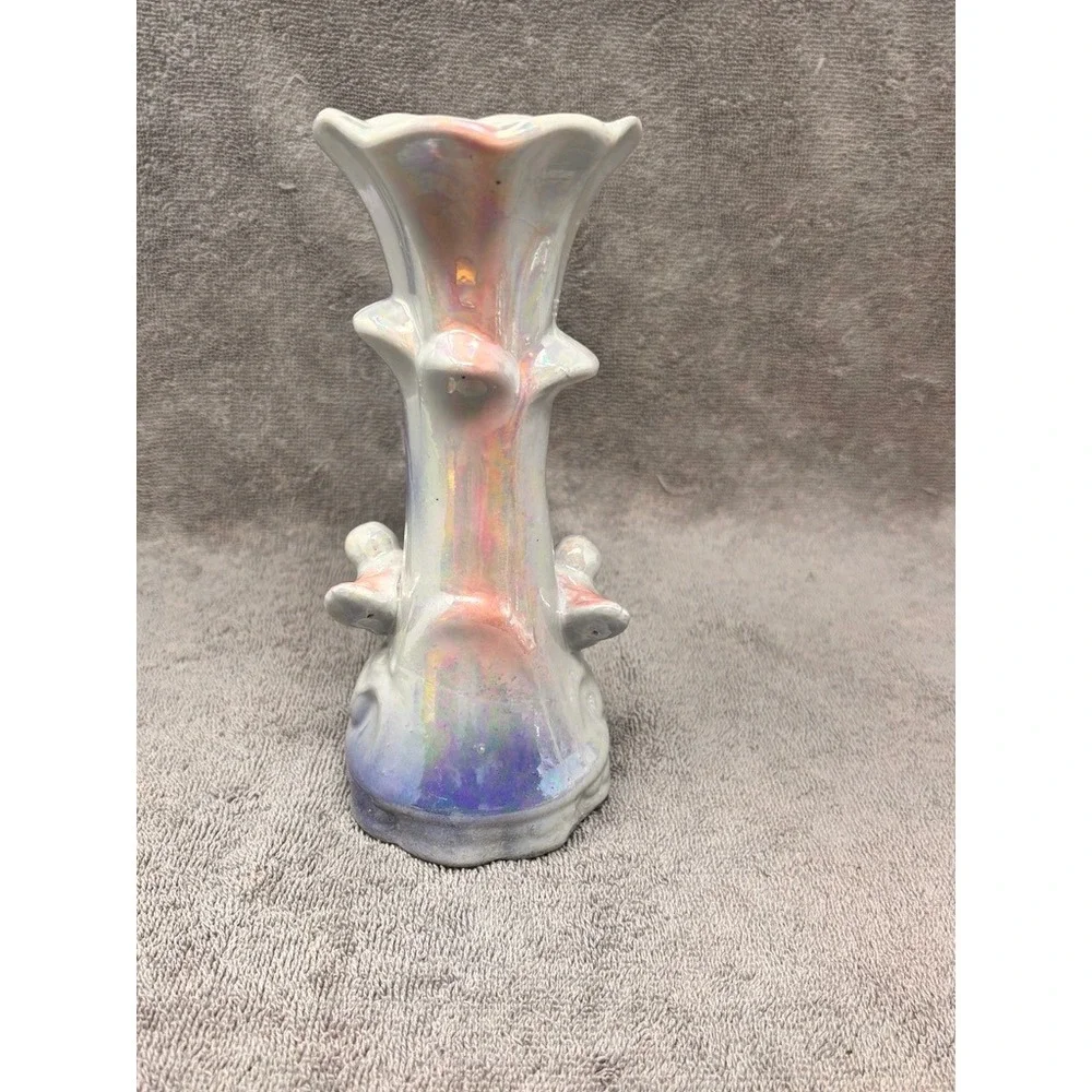Vintage Iridescent Lusterware Bird Bud Vase Pink Blue Roses Japan 7.5